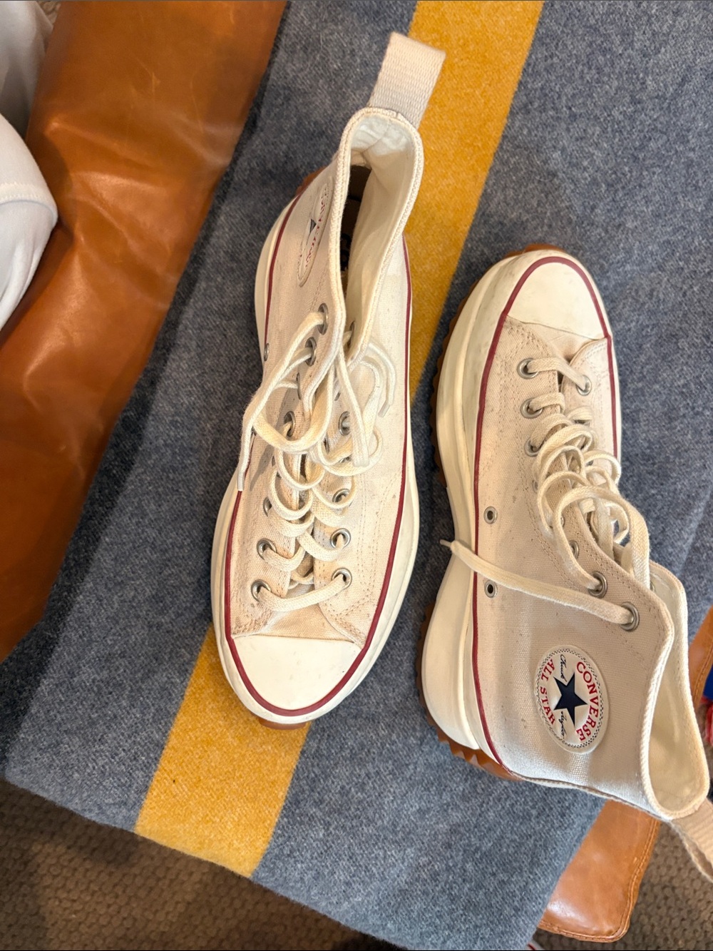 Converse High Top Sneakers in Cream with Red Trim